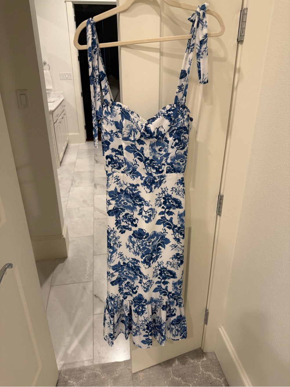 Aqua White Midi Dress with Blue Floral Print and Tie Straps